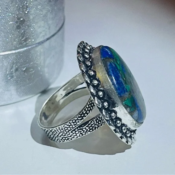 New Artisan Blue Green Natural Azurite Stone 925 Sterling Silver Circle Ring - Picture 14 of 15